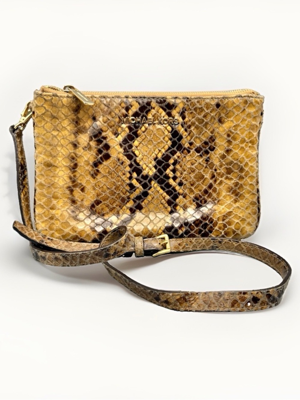 Michael Kors Triple Zip Crossbody Wristlet Snakeskin Print Gold Tan